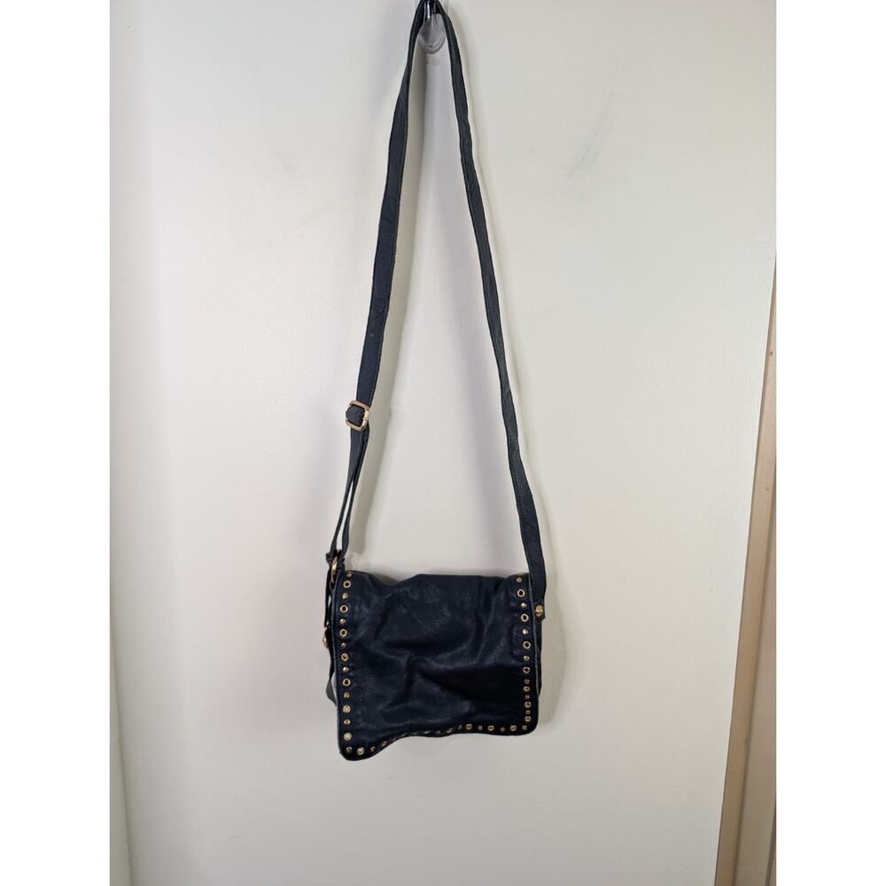 Rough Roses Navy Blue Leather Purse Crossbody Bag Gold Studs Studded 8x9.5"